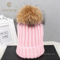 Atacado Personalizado criança criança gorro Mamãe e bebê correspondência de malha de pele de guaxinim real pom pom chapéu inverno